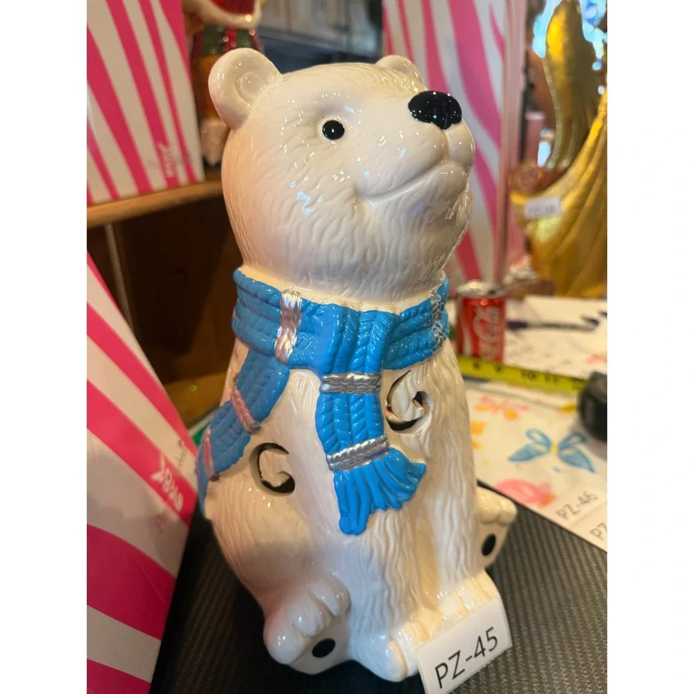 Pink Zebra Retired Polar Bear Ceramic Candle Luminary White Blue Scarf